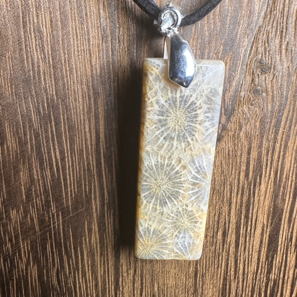 Coral Fossil Thin Rectangle Pendant Necklace on Black Rope - Picture 6 of 16